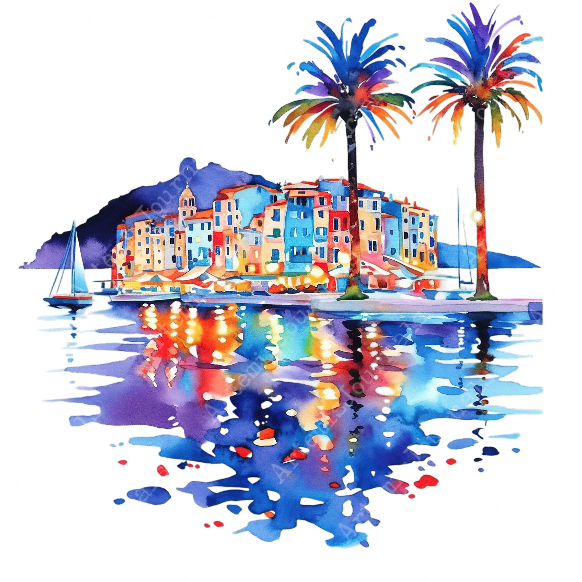 Line Drawing Riviera Riviera Watercolor Clipart Bundle – 30 Mediterranean Coastal ...