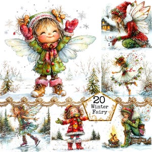 Pacote de clipart de fadas alegres de inverno em aquarela JPEG Reino de fantasia de inverno Comercial Download instantâneo Artesanato em papel Diário de sucata Scrapbooking