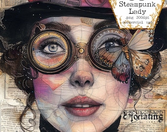 Paquete de hojas de collage de dama Steampunk PNG, imprimible, descarga instantánea de diario basura Steampunk, manualidades de papel, diario basura, álbum de recortes