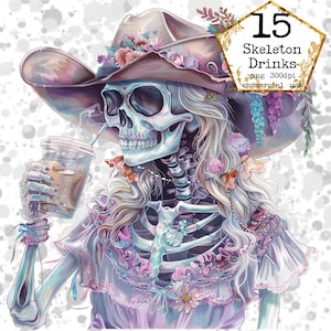 PNG Esqueleto de acuarela con paquete de imágenes prediseñadas de cóctel Verano PNG Día de los muertos PNG Descarga instantánea Artesanías de papel Diario basura Scrapbooking