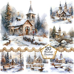 JPEG Watercolor Little Church in Winter and a Bridge Watercolor Chapel Clipart Instant Download Paper Crafts Junk Journal Scrapbooking