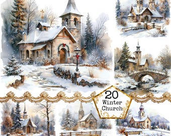 JPEG Watercolor Little Church in Winter and a Bridge Watercolor Chapel Clipart Instant Download Paper Crafts Junk Journal Scrapbooking
