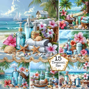 Aquarelle plage soins personnels Clipart JPEG aquarelle fond Commercial shabby chic téléchargement immédiat papier artisanat indésirable journal Scrapbooking