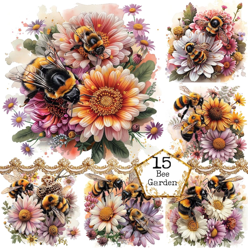 K&ouml;nnte beinhalten: Eine digitale Collage aus 15 Bildern von Bieneng&auml;rten. Jedes Bild zeigt eine Ansammlung von bunten Blumen, um die herum Bienen summen. Die Blumen sind in den Farben Rosa, Lila, Wei&szlig; und Gelb gehalten. Die Bienen sind schwarz und gelb. Die Bilder sind in einem Raster angeordnet. Der Text "15 Bee Garden" befindet sich in der Mitte des Bildes.