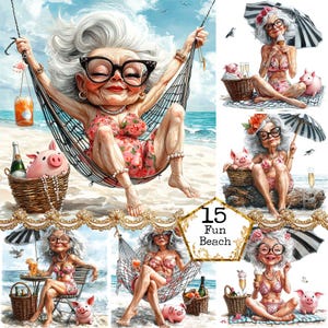 JPEG ältere Dame am Strand Clipart Bundle Sommer Clipart Strand Landschaft Cocktail Sofortiger Download Papier Handwerk Junk Journal Scrapbooking