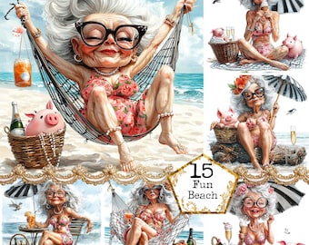 JPEG Senior Lady on the Beach Clipart Bundle Summer Clipart Beach Scenery Cocktail Instant Download Paper Crafts Junk Journal Scrapbooking