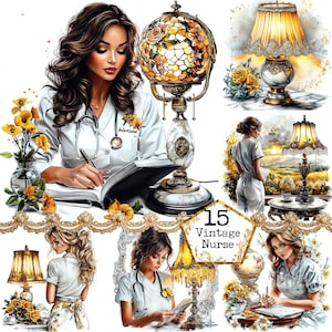 JPEG Vintage Nurse Clipart Bundle Vintage Evening Antique Clipart Komercyjne użycie Natychmiastowe pobieranie Papierowe rzemiosło Dziennik śmieci Scrapbooking