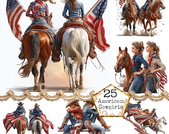 American Cowgirls Clipart Bundle – 25 Western Rodeo JPEG Illustrations, Patriotic Country Girl USA Flag Cowgirl Set for Sublimation
