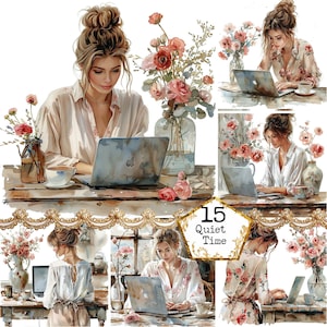 Fille aquarelle JPEG sur ordinateur portable Clipart Bundle JPEG téléchargement immédiat confortable maison travail à domicile travaux manuels en papier indésirable journal Scrapbooking