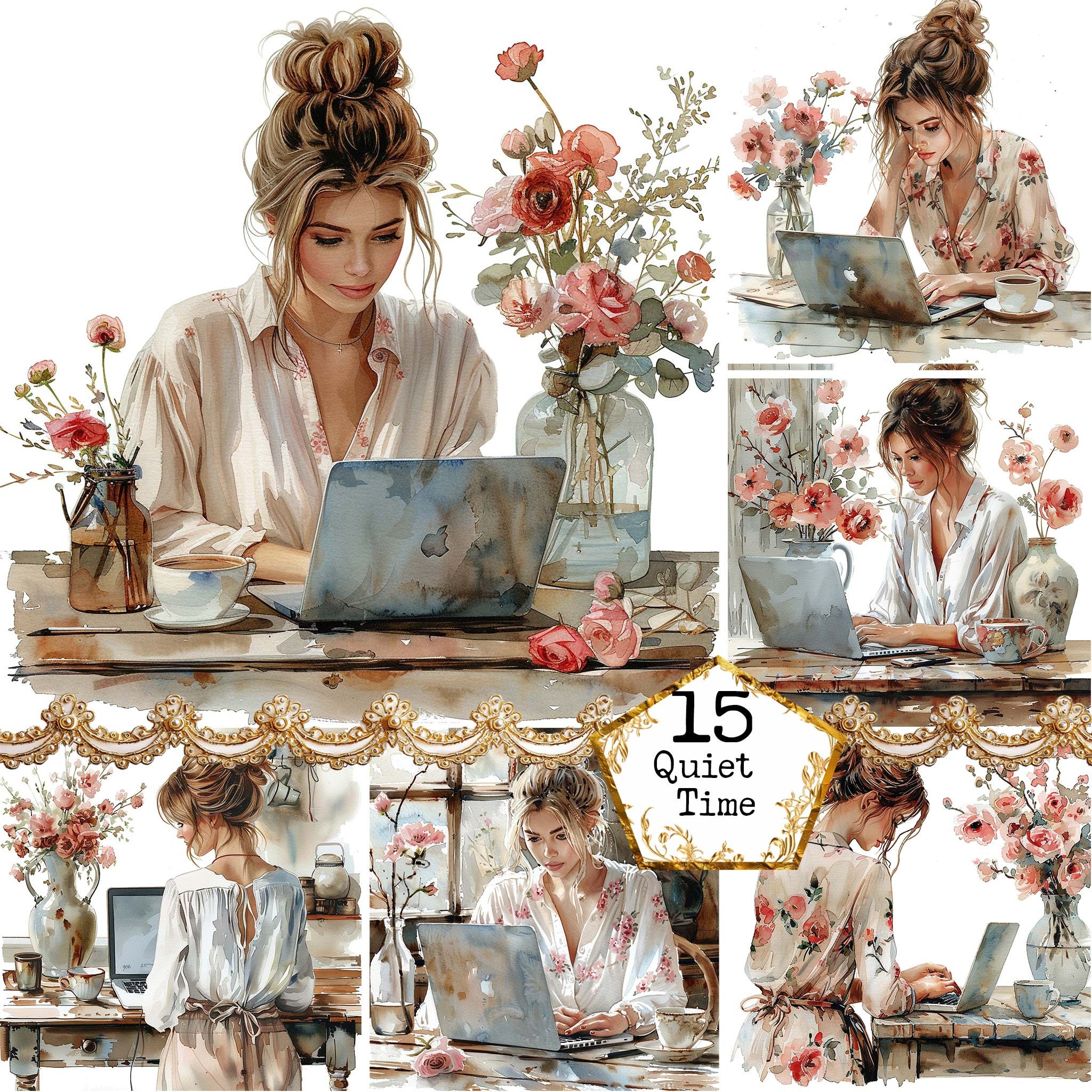 JPEG Watercolor Girl on Laptop Clipart Bundle JPEG Instant Download Cozy Home Work From Home Paper Crafts Junk Journal Scrapbooking