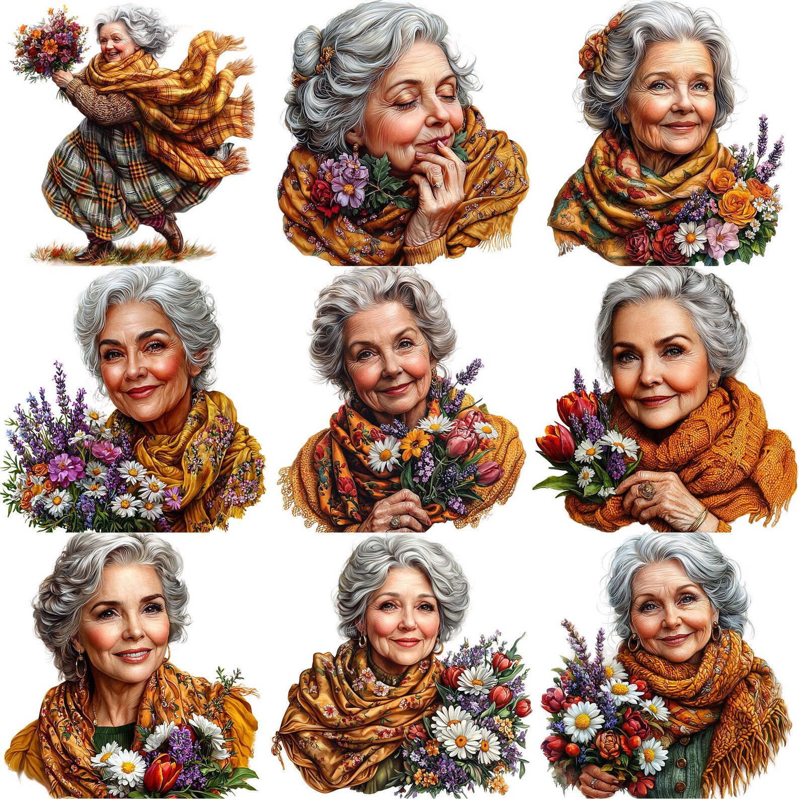 PNG + JPEG Watercolor Elderly Woman With Flower Bouquet Clipart Bundle ...