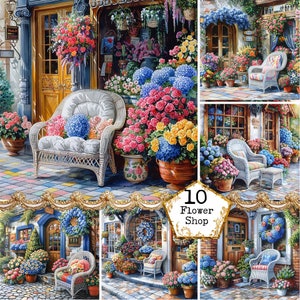 Flower Shop Cozy Seating Clipart Bundle JPEGs Front Store Vintage Floral Boutique Instant Download Paper Crafts Junk Journal Scrapbooking