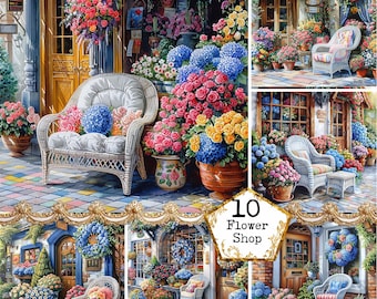 Blomsteraffär Mysiga sittplatser Clipart-paket JPEG-bilder Front Store Vintage Blomsterbutik Direktnedladdning Papperspyssel Skräpjournal Scrapbooking
