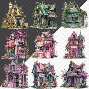 May include: Nine illustrations of whimsical, colorful, and ornate storefronts with the words "Magic Shop" on the signs. Each shop has a unique design and is adorned with flowers and greenery.