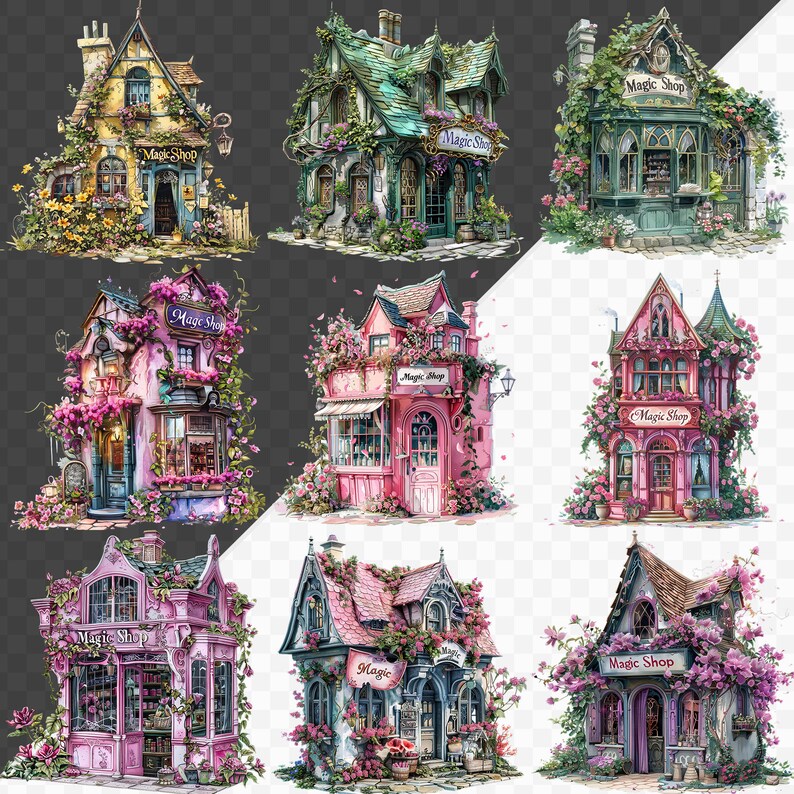 May include: Nine illustrations of whimsical, colorful, and ornate storefronts with the words "Magic Shop" on the signs. Each shop has a unique design and is adorned with flowers and greenery.