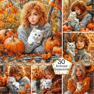 JPEG herfst meisje en kat vrienden clipart mooi meisje en kat vriendschap clipart instant download papier ambachten ongewenste dagboek scrapbooking