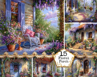 Floral Terrace Clipart Bundle JPEG Summer Clipart Instant Download Paper Crafts Commercial Use Flower Vase Cottage Junk Journal Scrapbooking