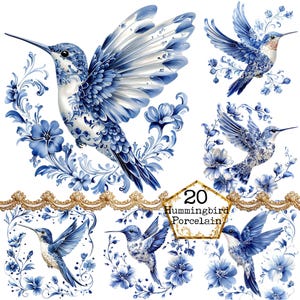Paquete de imágenes prediseñadas de colibrí antiguo azul de Delft PNG + JPEG, colibrí de acuarela, descarga instantánea, manualidades de papel, diario basura, álbumes de recortes
