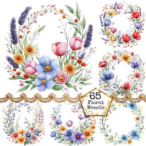 PNG + JPEG Couronne de fleurs aquarelle Clipart Bundle Couronne de fleurs printanières Fleurs sauvages Téléchargement instantané Papier Artisanat Junk Journal Scrapbooking