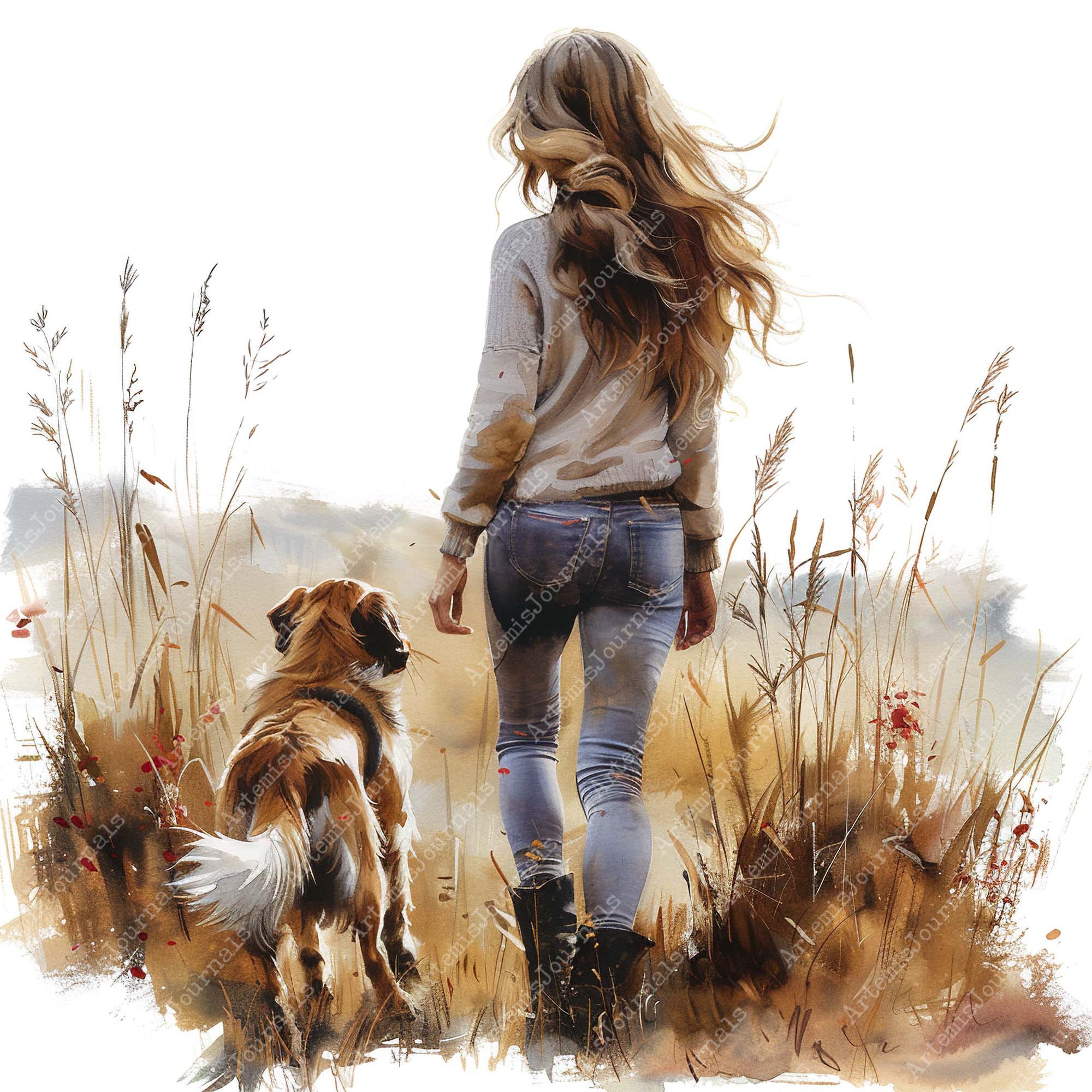 Watercolor Girl and Dog on a Field JPEG Nature Clipart Cowboy Boots ...