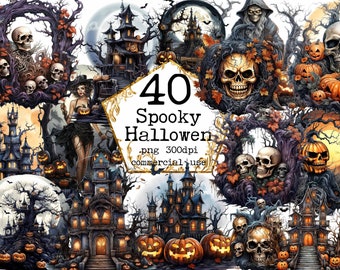 PNG Watercolor Spooky Halloween Clipart Bundle Dark Fantasy PNG Instant Download For Commercial Use Paper Crafts Junk Journal Scrapbooking