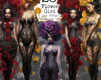 Pacchetto di clipart dell'acquerello delle ragazze della rosa gotica Fantasy Clipart sublimazione Design PNG Download immediato Artigianato di carta Junk Journal Scrapbooking