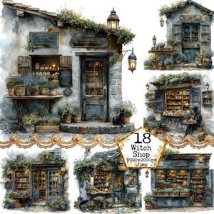 May include: A watercolour illustration of a witch's shop with a variety of herbs, potions, and other magical items. The shop is decorated with a sign that reads "SALEM WITCHES" and has a black cat sitting on the steps.