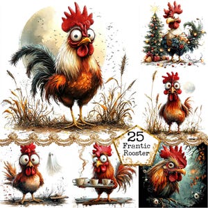 JPEG Super Weird Watercolor Rooster Clipart Bundle Whimsical Rooster Graphics Chicken Instant Download Paper Craft Junk Journal Scrapbooking