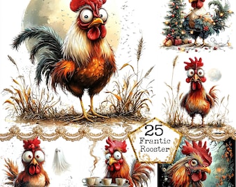 JPEG Super Weird Watercolor Rooster Clipart Bundle Whimsical Rooster Graphics Chicken Instant Download Paper Craft Junk Journal Scrapbooking