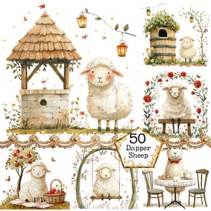 PNG + JPEG Acquerello Dapper Sheep Clipart Bundle Acquerello Nursery Clipart Carino Download istantaneo Carta Artigianato Junk Journal Scrapbooking