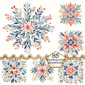 JPEG aquarelle scandinave flocon de neige Clipart Bundle hiver Clipart Folk Art Téléchargement instantané Papier Artisanat indésirable Journal Scrapbooking