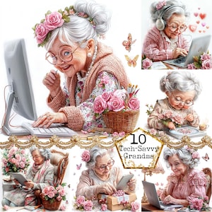 JPEG drôle grand-mère sur son ordinateur portable Clipart Bundle couleur pastel grand-mère drôle moderne dame téléchargement immédiat papier artisanat indésirable journal Scrapbooking