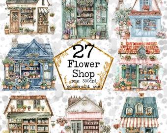 Clipart del negozio di fiori dell'acquerello Fronte del negozio Boutique floreale Shopping di lusso Download immediato Artigianato di carta Junk Journal Scrapbooking