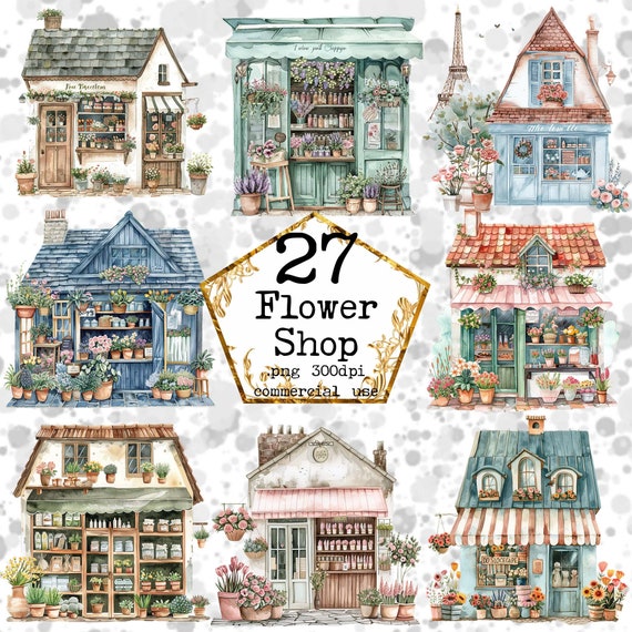 Watercolor Flower Shop Clipart Front of the Store Floral Boutique Luxury Shopping Instant Download Paper Crafts Junk Journal Scrapbooking