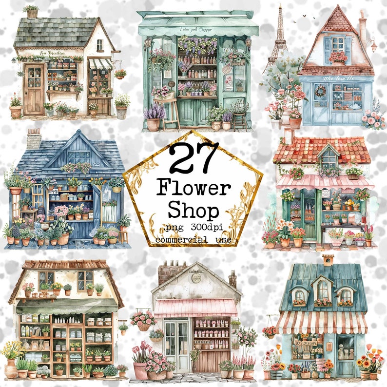May include: A set of 27 watercolor illustrations of flower shops. Each shop has a unique design and features flowers, plants, and other floral arrangements. The illustrations are perfect for creating digital or printed products, such as greeting cards, invitations, and scrapbook pages.