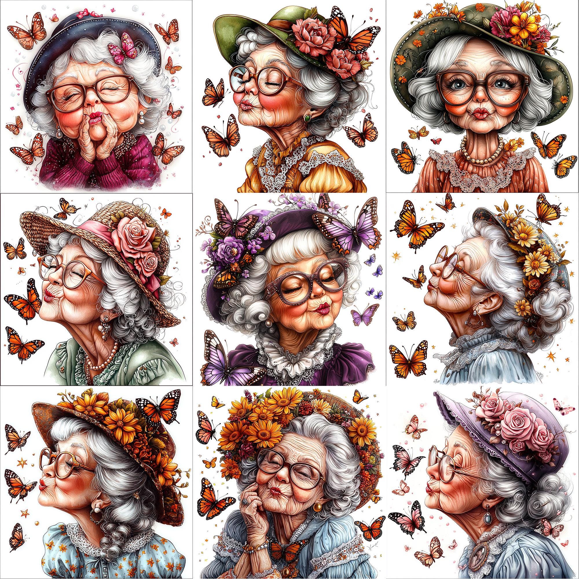 JPEG Watercolor Elderly Lady With Butterflies Clipart Bundle Spring ...