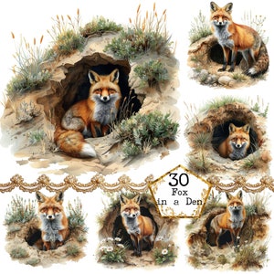 Renard aquarelle JPEG dans une tanière Clipart Bundle JPEG Woodland Clipart usage commercial Téléchargement instantané Papier Artisanat indésirable Journal Scrapbooking