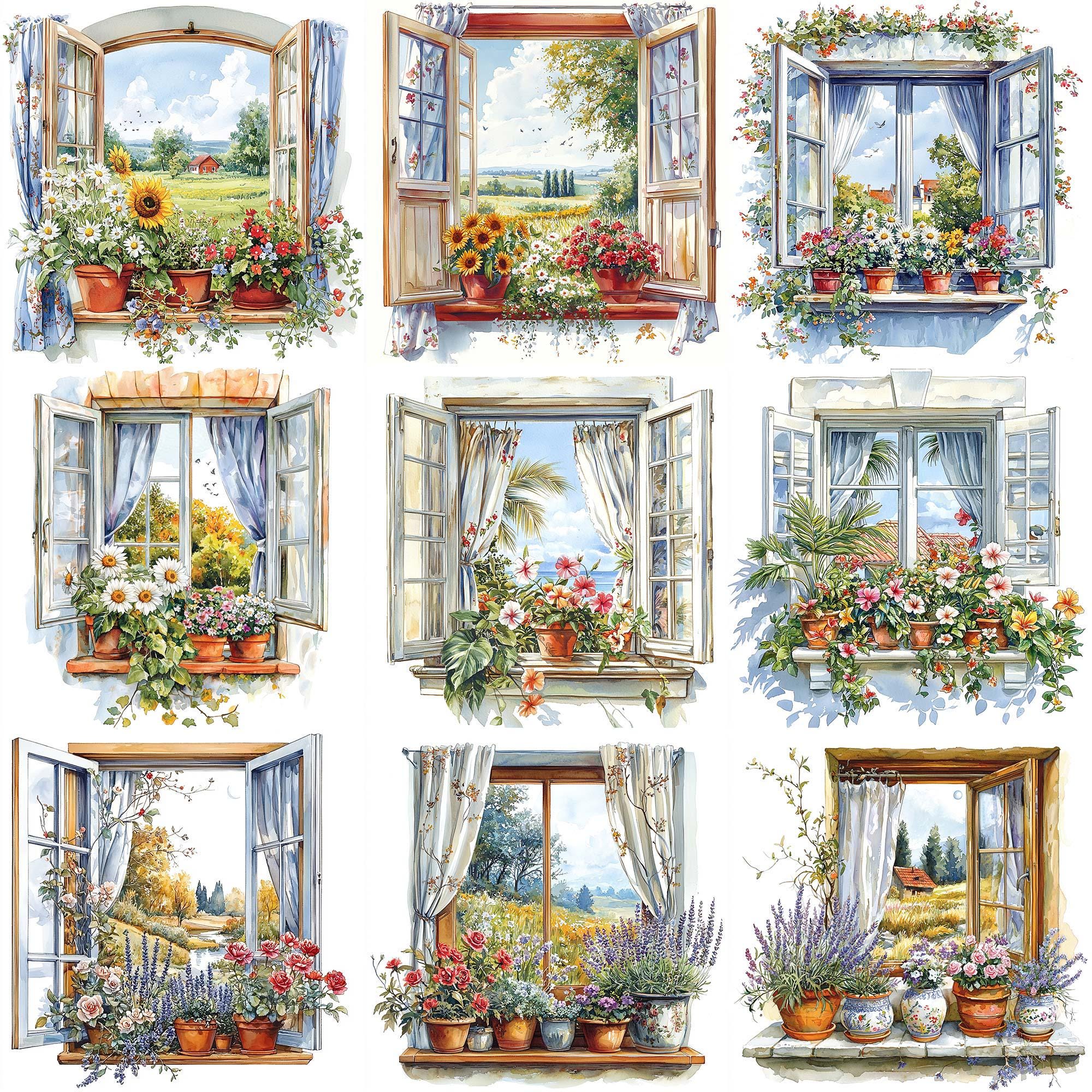 JPEG Watercolor Floral Window Clipart Bundle Spring Autumn Winter ...