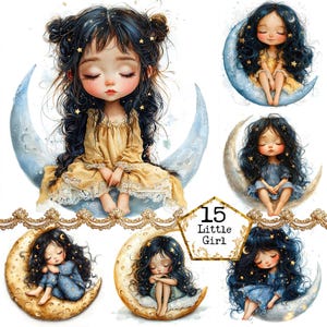 Paquete de imágenes prediseñadas de niña en la luna con acuarela JPEG, imágenes prediseñadas para guardería, hora de dormir para bebé, descarga instantánea, manualidades con papel, diario basura, álbumes de recortes