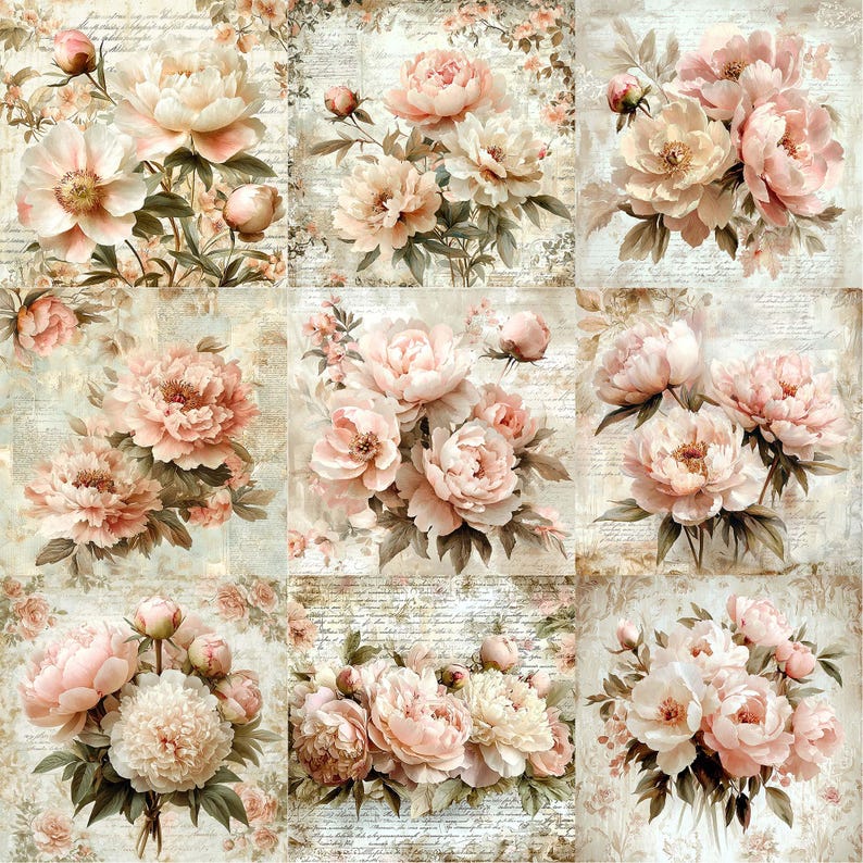 JPEG Scrapbook Peonies Digital Papers Pack 12x12 Inches Weathered ...