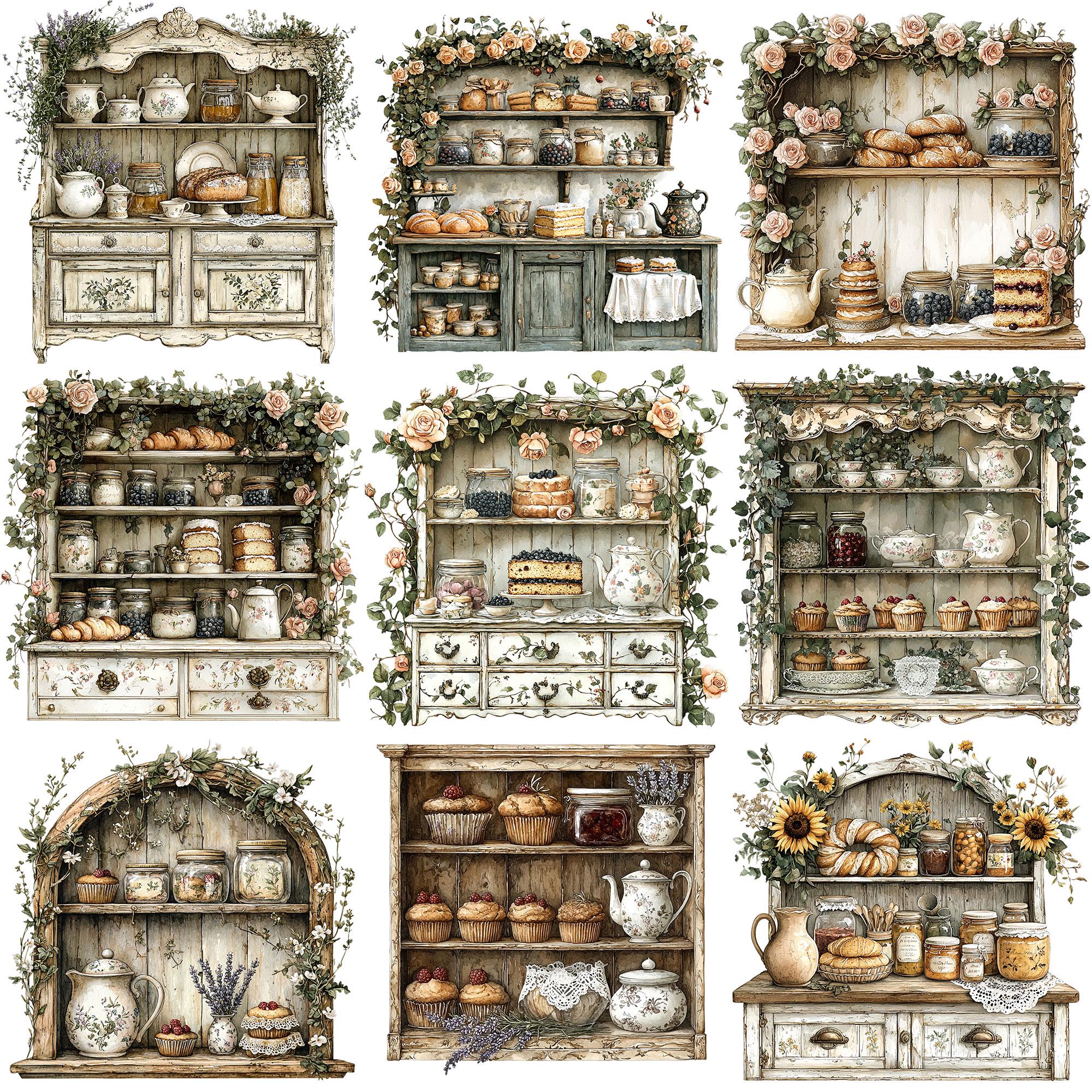 PNG + JPEG Watercolor Vintage Kitchen Cabinet Clipart Bundle Rustic ...