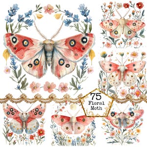 PNG + JPEG Aquarell Blumen Motte Clipart Bundle Frühling Clipart mystische Motten Art Instant Download Papier Handwerk Junk Journal Scrapbooking
