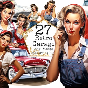 PNG Retro Starke Frau Clipart Bundle Garage Clipart Pin Up Druckbare Mädchen Mechaniker Mädchen Clipart Junk Journal Scrapbooking Kommerzielle Nutzung