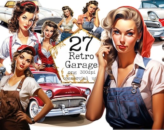 PNG Retro Strongwoman Clipart Bundle Garage Clipart Pin Up Printable Girls Mechanic Girls Clipart Junk Journal Scrapbooking Commercial Use