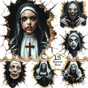JPEG Horror Nun Coming from a Hole in the Wall Clipart Bundle Gothic Scary Nun image Instant Download Paper Crafts Junk Journal Scrapbooking