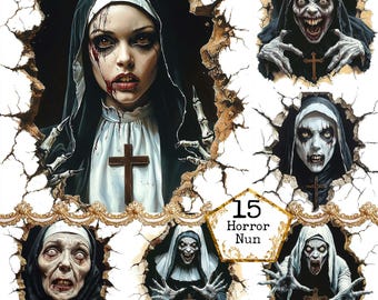 May include: A set of 15 horror nun digital images. The images feature a nun with a bloody face and a cross on her chest. The nun is depicted in various poses, including a scary face, a creepy smile, and a menacing stare. The images are perfect for Halloween decorations, horror-themed parties, or any other spooky occasion.
