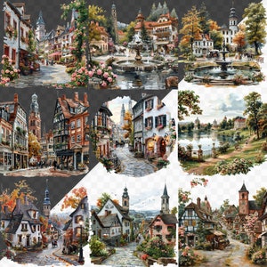 May include: A painting of a quaint European village with cobblestone streets, colorful buildings, and lush greenery. The scene features a central fountain with water flowing, surrounded by trees and flowers. The painting captures the charm and beauty of a traditional European village.