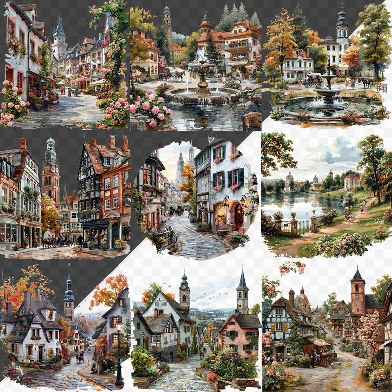 May include: A painting of a quaint European village with cobblestone streets, colorful buildings, and lush greenery. The scene features a central fountain with water flowing, surrounded by trees and flowers. The painting captures the charm and beauty of a traditional European village.