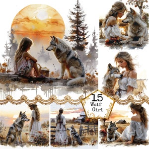 JPEG Aquarell Mädchen und Fuchs Clipart Bundle JPEG Kommerzielle Nutzung Natur Clipart Sofort-Download Papier Handwerk Junk Journal Scrapbooking