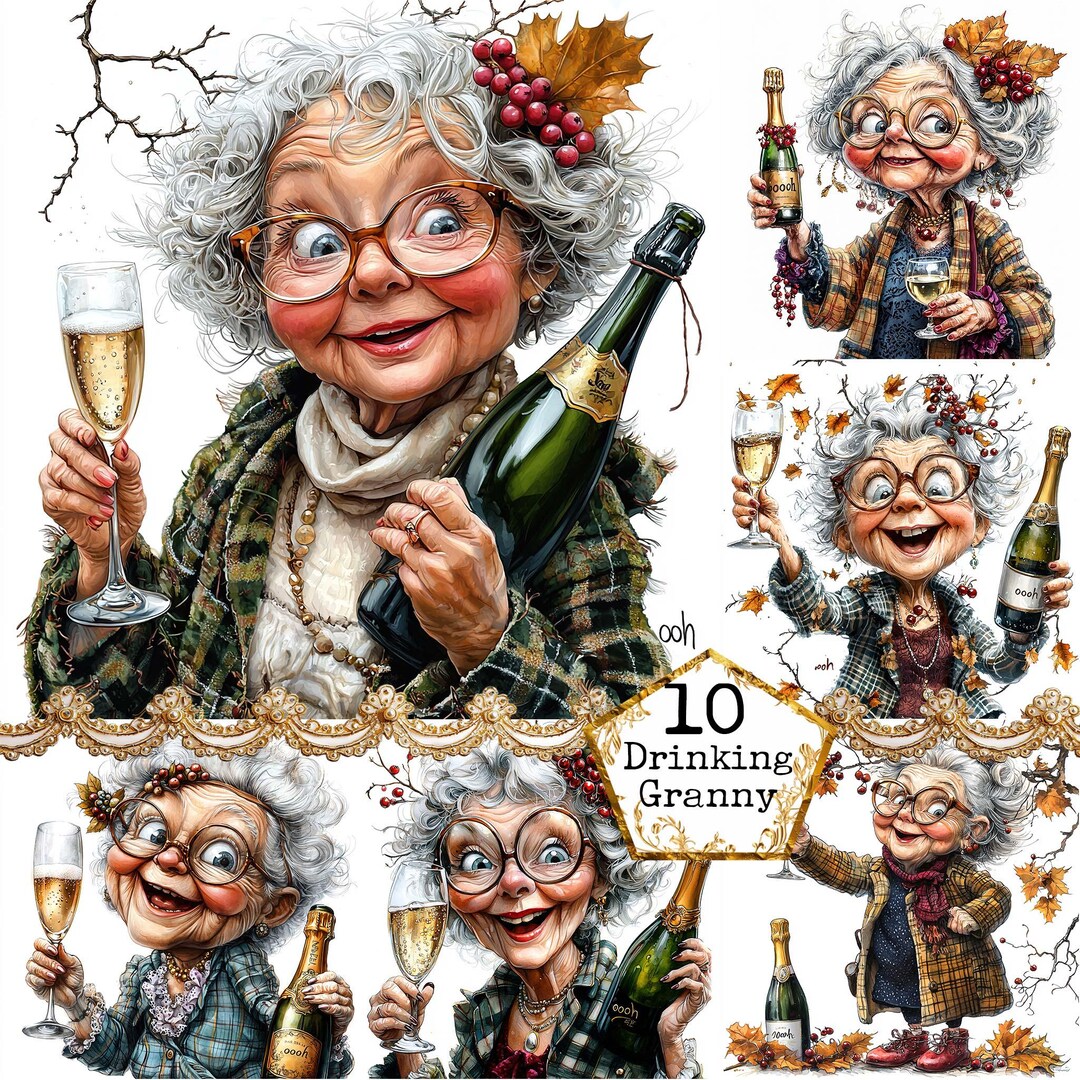 JPEG Watercolor Drinking Granny Clipart Bundle New Years Eve ...